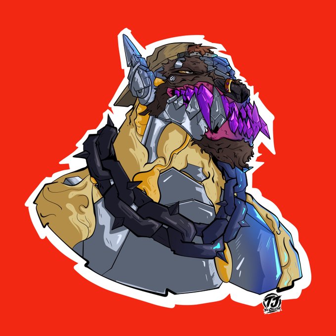 A stylized digital illustration of a monstrous character with sharp teeth, chains, metal armor, and a brown hat against a bright red background.