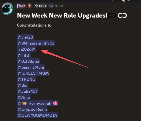 The image displays a Discord announcement titled "New Week New Role Upgrades!" congratulating various users including @vie123, @Williams smith, @FIFTH, @OxFAlpha, @Siaa | gMum, @IDREES | MUM, @TRUNG, @Bio, @Julia457, @Anju, @Horriyashah, @Cryptic Ream, and @OLA YOOMOMOTA, with a red arrow pointing to the entry ",2026@". However, the image appears unrelated to the accompanying post about Optimum partnering with Finoa Consensus Services and its RLNC data-acceleration technology.