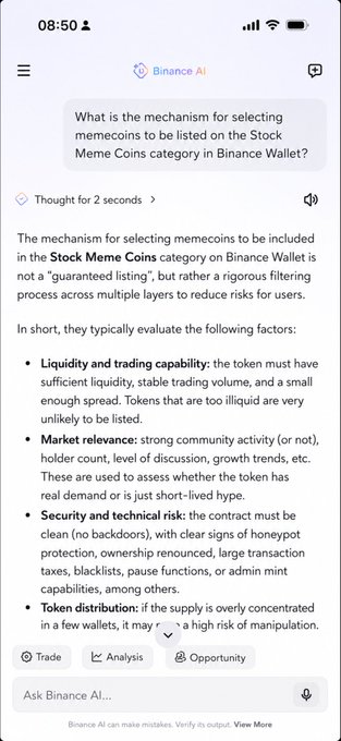 A screenshot of Binance AI chat explaining the listing mechanism for memecoins on Binance Wallet's Stock Meme Coins category, detailing factors like liquidity, market relevance, security, and token distribution.