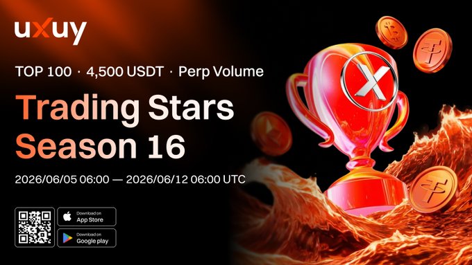 The image shows a logo of an app with a cup that says "Trading Stars" on top, along with a text box saying "Trading Stars Season 16". The background is dark red, but there are some orange coins scattered around the cup area. Below this image, we can see a list of prizes associated with the competition.
