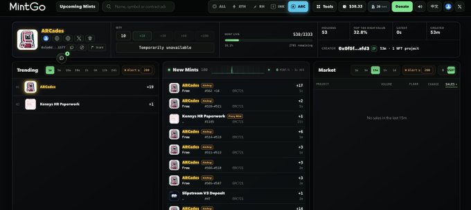 A screenshot of the MintGo website showing a dashboard for trending NFTs and new mints on the Arc network, displaying the 'ARCades' collection as a top project.