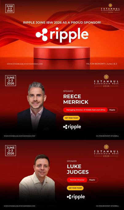 The image features two men standing next to each other, both wearing suits and ties. They are positioned against a red background with white text that reads "Ripple joins Istanbul Blockchain Week as a proud sponsor! Insights from Ripple speakers Reece Merrick (Managing Director of Middle East & Africa) and Luke Judges (Partner Director) on June 2-3 at the Hilton Bomonti". The men appear to be attending an event or conference related to cryptocurrency, with the hashtag "#Ripple" visible in the image.
