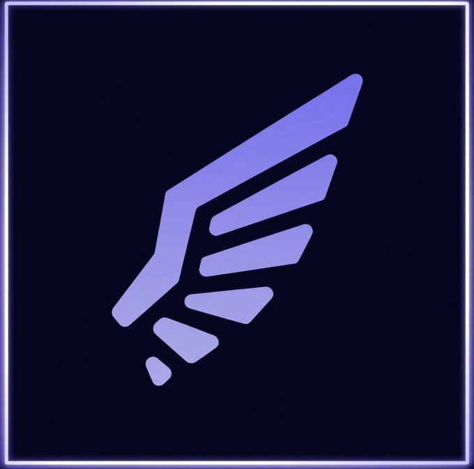 A stylized purple and white wing logo on a dark navy background with a glowing border, resembling a crypto or tech brand emblem.
