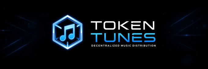 A logo for 'TOKEN TUNES' featuring a blue hexagonal icon with a musical note, with the tagline 'DECENTRALIZED MUSIC DISTRIBUTION' on a dark background.