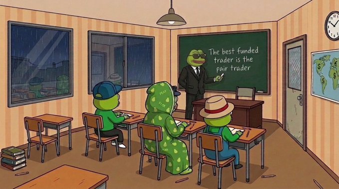 An animated classroom scene features frog characters and a reptilian teacher in a suit standing before a chalkboard that reads, 'The best funded trader is the fair trader.'