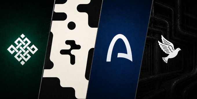 The image displays four cryptocurrency/crypto project logos arranged in panels: a green panel with a white geometric "endless knot" symbol (Ritual), a beige/cream panel with a black circuit-like pattern (likely referring to a blockchain network), a blue panel featuring a white arch/portal symbol (Archway/A), and a black panel showing a white dove logo (likely Angelblock or a similar project). The visual represents the four projects the author is focused on, with the first panel (Ritual) tying directly to the post's discussion about Ritual's Genesis NFT potential and agent deployment opportunities mentioned in the caption.