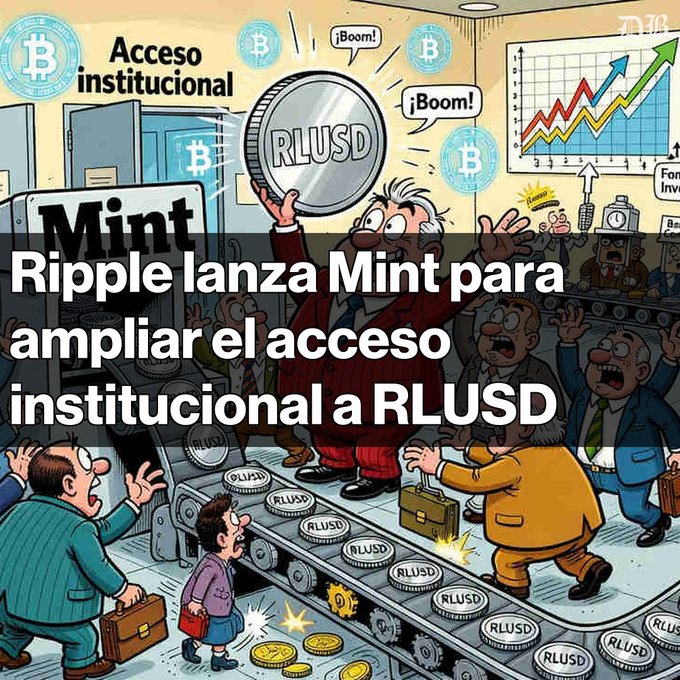 A cartoon illustration of a mint facility producing 'RLUSD' coins with the Spanish text overlay 'Ripple lanza Mint para ampliar el acceso institucional a RLUSD' and 'Acceso institucional' at the top.