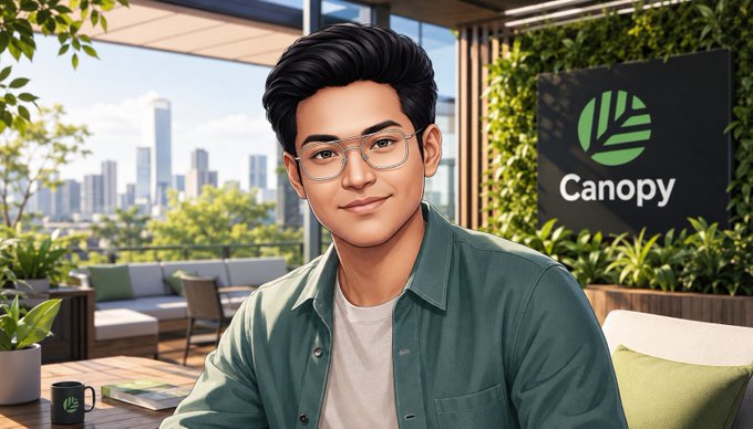 A stylized 3D portrait of a young man wearing glasses and a green shirt, with the 'Canopy' logo and a leafy emblem displayed in the background against a city skyline.