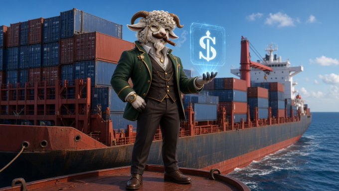 A digitally rendered anthropomorphic goat wearing a green suit and sunglasses stands on a cargo ship deck, holding a glowing blue holographic dollar sign with shipping vessels in the background.