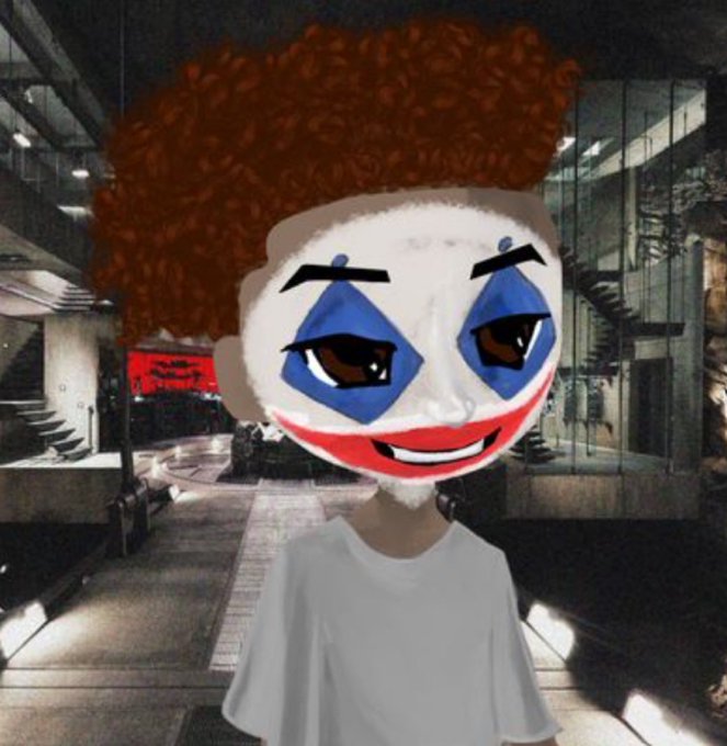 A surreal image showing a stylized figure with a white head, blue eye makeup, a Joker-like smile, and curly reddish-brown hair, set against a dark industrial background.