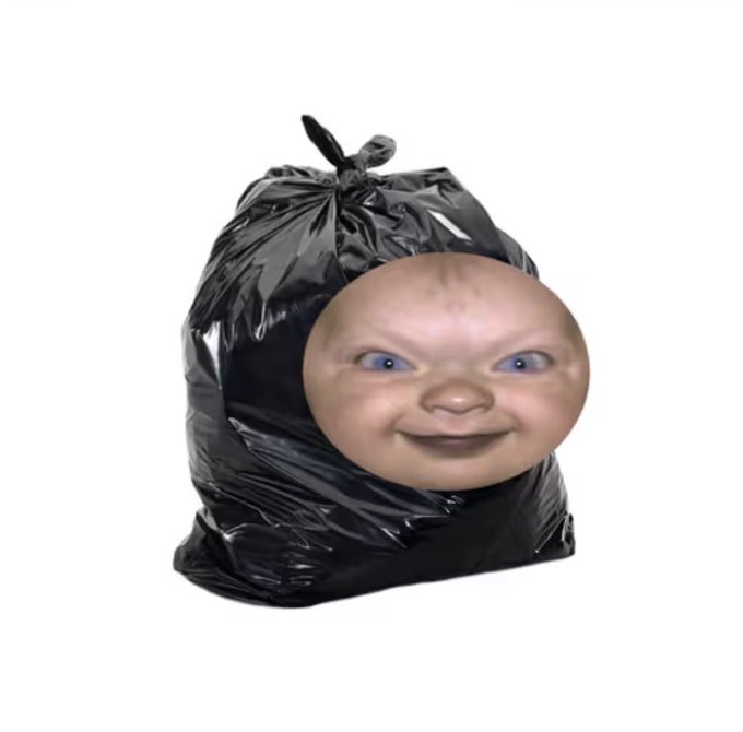 An internet meme featuring a distorted, unsettling face photoshopped onto a tied black garbage bag.