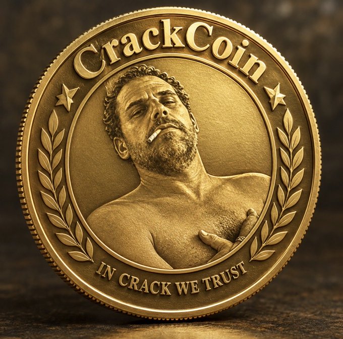 A gold-colored novelty coin labeled "CrackCoin" with the motto "IN CRACK WE TRUST" features a relief of a bearded man smoking, visually riffing on the post's "Buy the dip" line as a tongue-in-cheek warning about addictive "investments."