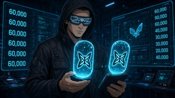 A digital illustration of a hooded figure wearing futuristic blue LED goggles holding two glowing blue holographic capsules with butterfly designs, surrounded by screens displaying numerical data like "60,000" and "90,000" in a high-tech setting.