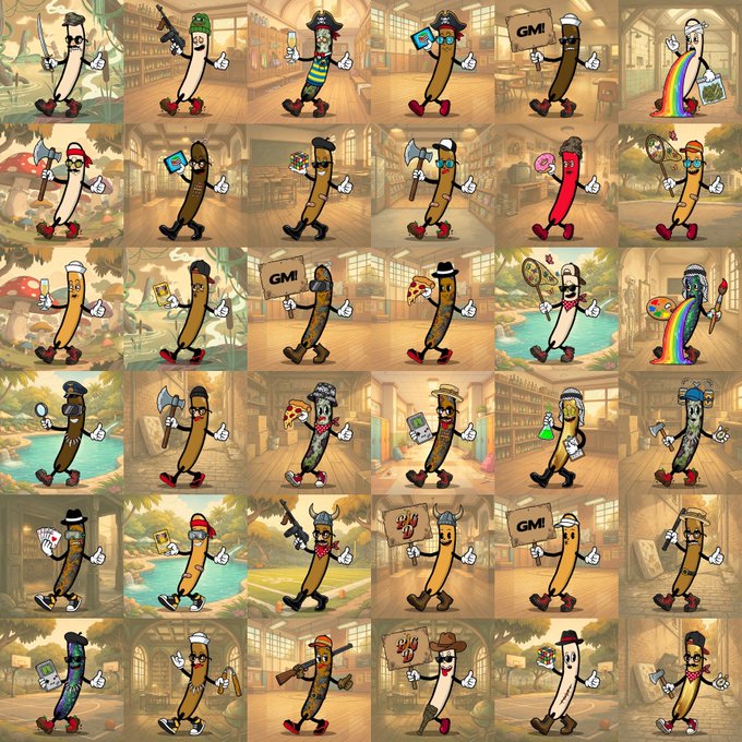 A grid collage showing numerous variations of an anthropomorphic banana character with arms and legs, holding various items like a 'GMI' sign, pizza, and cards.