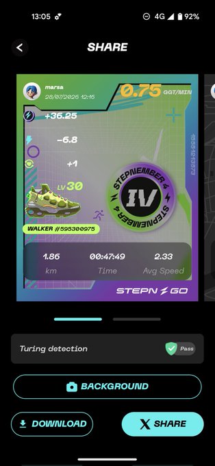 A mobile app sharing screen displaying a STEPN GO walking activity summary for user 'marsa' with 0.75 GGT/MIN, Level 30, Walker #595390975, covering 1.85 km in 00:47:49.
