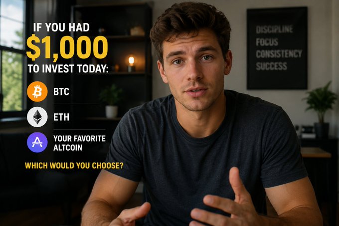 A young man speaks directly to camera beside a graphic reading "IF YOU HAD $1,000 TO INVEST TODAY: BTC, ETH, YOUR FAVORITE ALTCOIN — WHICH WOULD YOU CHOOSE?", posing the investment decision prompt featured in the post.