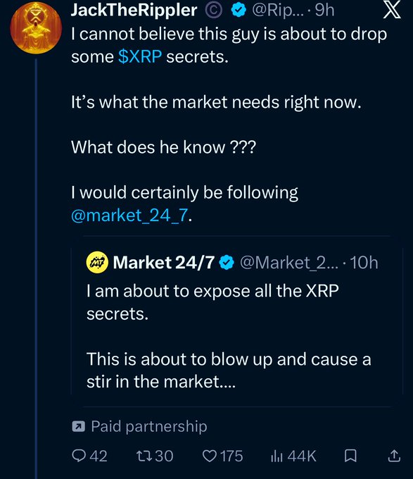A X post from 'JackTheRippler' discussing an upcoming post by 'Market 24/7' that promises to expose all the 'XRP secrets,' labeled as a 'Paid partnership.'
