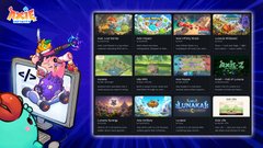 The image shows a promotional screenshot from Axie Infinity featuring a character holding a Nintendo Switch-like console displaying various game tiles, with text highlighting "Over 90 community-built games in less than a month!" from a Lunacia Game Jam competition. The showcase demonstrates how community members used AI tools to rapidly create numerous games within the Axie ecosystem, illustrating the power of accessible game development tools for the Lunacians community.