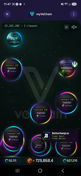 The image shows a phone screen with a game app displaying various game options, including "Contest", "Vchain", and "Vchainer". The text on the screen reads "Holy crap we are finally back baby. #vechain." This suggests that the user might be playing a mobile game or exploring a new feature of the Vchain app.