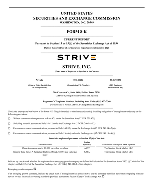 A United States Securities and Exchange Commission Form S-K Current Report for STRIVE, INC., indicating a Nevada incorporation with 200 shares of common stock outstanding.