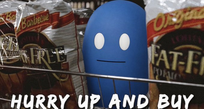 A meme image showing a blue ghost-like character standing in front of bags of pork rinds on a store shelf, with the text 'HURRY UP AND BUY' at the bottom.
