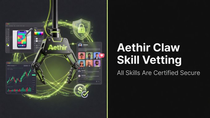 The image shows an overlay of different social media icons, such as Facebook, Instagram, Twitter, and a pink heart icon, surrounding a green robot claw with the words "Aethir Claw" written above it. Below the robot claw and social media icons is a banner that reads, "Hackers have already proven that planting malicious code inside a ClawHub skill is viable. Aethir Claw' s response: No skill runs on your agent until it's vetted." This suggests that the post is discussing an earlier case of malicious code planted in a claw-themed skill, and how it was detected and resolved by the platform.
