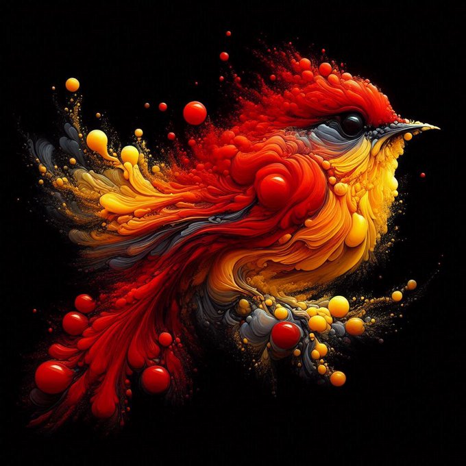 A vibrant digital artwork depicts a bird-like creature rendered in swirling splashes of red, orange, and yellow paint against a black background, with floating droplets resembling liquid fire.