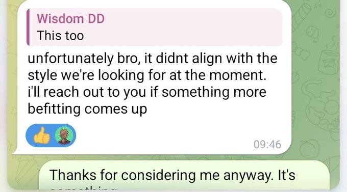 A WhatsApp rejection message from "Wisdom DD" stating the opportunity didn't align with what they're looking for at the moment, with a polite reply "Thanks for considering me anyway."