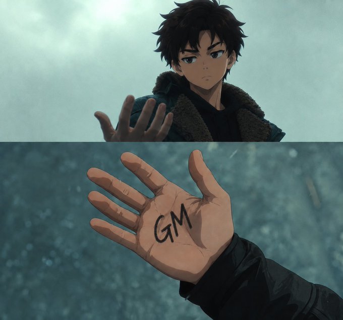 An anime-style illustration showing a young man with dark hair reaching out his hand, with 'GM' written on his palm.