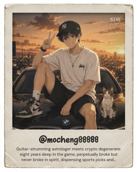 An anime-style illustration of a boy in a Yankees cap making a peace sign while sitting on a BMW with a cat, branded with '@mocheng88888' and a description about crypto.