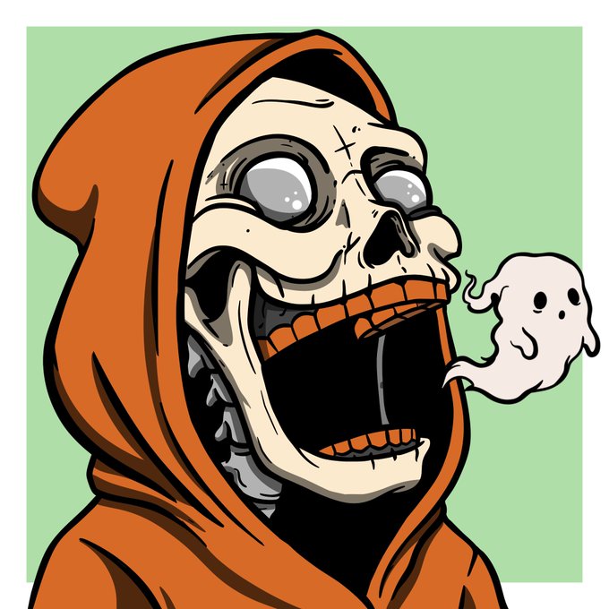 A stylized cartoon illustration of a skeletal grim reaper wearing an orange hood, with large eyes and an open mouth exhaling a small ghost against a light green background.
