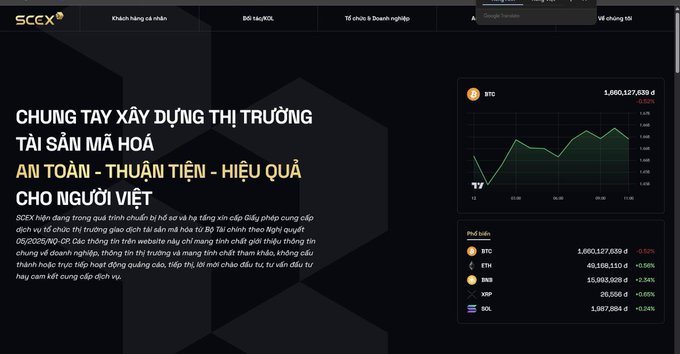 Website screenshot of SCCX, a Vietnamese cryptocurrency exchange platform ('CHUNG TAY XÂY DỰNG THỊ TRƯỜNG TÀI SẢN MÃ HÓA'), displaying BTC price at 1,660,127,639 đ and other crypto prices like ETH and SOL.