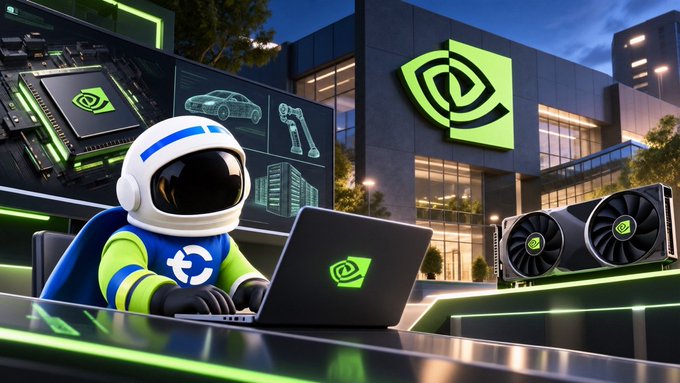An astronaut wearing NVIDIA-branded gear works on a laptop alongside the NVIDIA logo displayed on a building and graphics cards, illustrating the company's evolution from gaming hardware (GeForce) to AI technology. The image visually represents the post's theme of introducing NVIDIA's broader innovations beyond gaming.