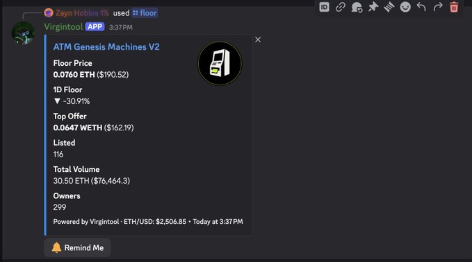 A Discord interface showing a Zayn Hobbies alert for Virgintool's "ATM Genesis Machines V2" with a floor price of 0.0160 ETH.