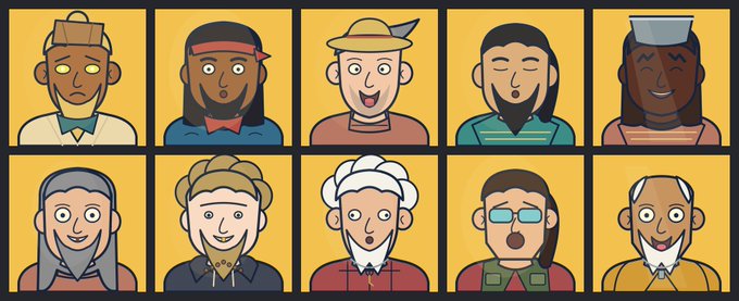 A grid of ten cartoon character portraits with yellow backgrounds, each displaying diverse hairstyles, expressions, and headwear including hats and turbans.