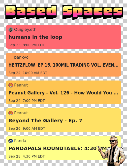 A retro-styled "Based Spaces" graphic displaying a schedule of five upcoming Twitter/X Spaces events: "Humans in the Loop" hosted by Quigley.eth on Sep 23, "HERTZFLOW EP 16. 100MIL TRADING VOL. EVEN..." by bankyo on Sep 24, "Peanut Gallery - Vol. 126" and "Beyond The Gallery - Ep. 7" both hosted by Peanut on Sep 24 and 26, and "PANDAPALS ROUNDTABLE: 4:30PM" by Panda on Sep 28. The graphic directly supports the post by visually highlighting the four mentioned hosts (@QuigleyNFT, @Bankyo, @peanutt, @PandaPals__) and their scheduled spaces.