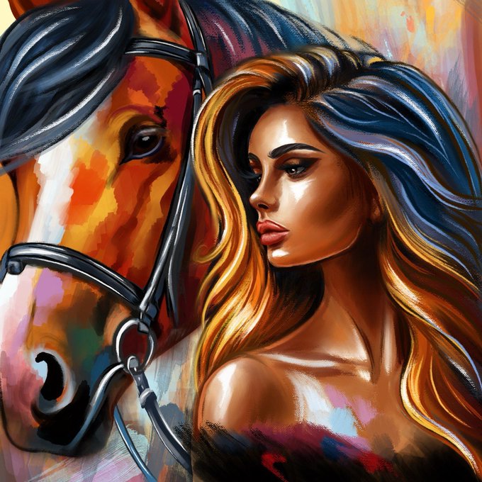 A vibrant painting of a woman with flowing golden-blonde hair beside a colorful horse with a bridle, rendered in expressive brushstrokes with blue, orange, and pink tones.