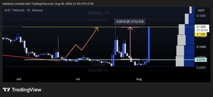 A TradingView chart of ACE/TetherUS (Binance) on the daily timeframe shows the token NEHAL.FI surging to a 81.21% gain (0.0618) after roughly 40 days of sideways accumulation near the 0.075 support level, visually illustrating the post's message that patience and conviction paid off with an 80% single-day pump rather than chasing additional buys.