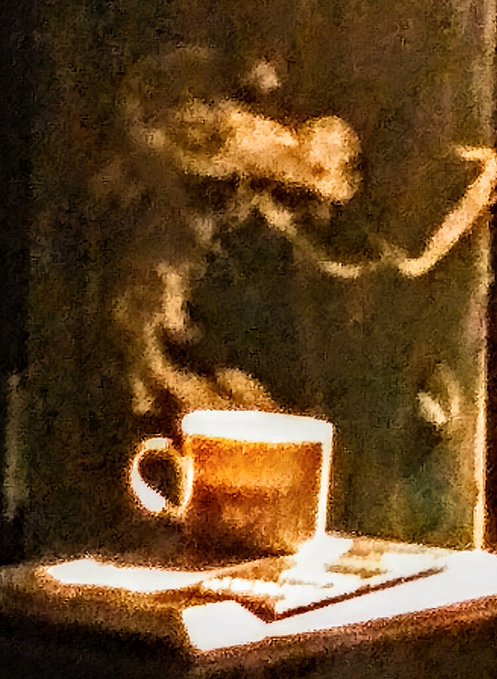 A steaming cup rests on a table bathed in warm light, with swirling vapor rising into the moody, golden-brown atmosphere—perfectly capturing the cozy, nostalgic warmth of shared quiet moments. The "Pepe in My Coffee @NftsBuy" tagline ties into the scene, blending meme culture with the intimate, artful depiction of a simple coffee ritual.