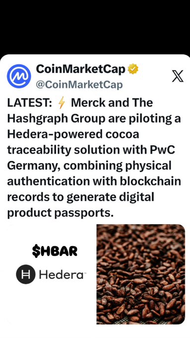 A CoinMarketCap tweet reports that Merck and The Hashgraph Group are piloting a Hedera-powered cocoa traceability solution with PwC Germany using $HBAR, accompanied by an image of cocoa beans.