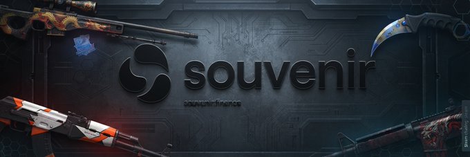 A promotional banner displays the "souvenir" brand logo alongside skin and cases for weapons from the game Counter-Strike: Global Offensive, with "souvenir.cs.money" noted in the corner.