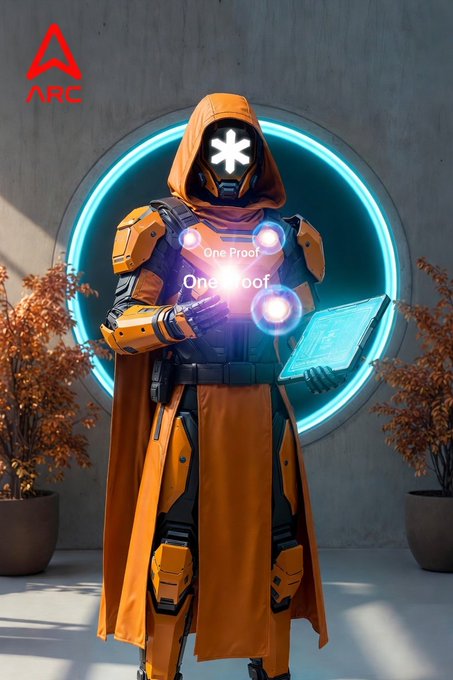 An AI-generated image of a hooded figure in orange armor holding a laptop, with a glowing star/snowflake symbol on the face. Text reads 'ARC' (logo) and 'One Proof' appears on the figure's chest.
