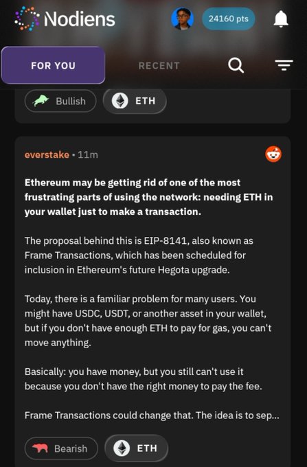 Nodiens social media post by 'overstake' discussing Ethereum potentially eliminating the need for ETH gas fees via EIP-8141 Frame Transactions.