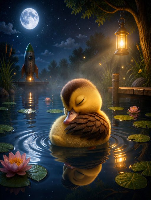 A whimsical illustration shows a sleeping yellow duckling floating on a moonlit pond with lily pads, a hanging lantern, and a small rocket ship in the background.