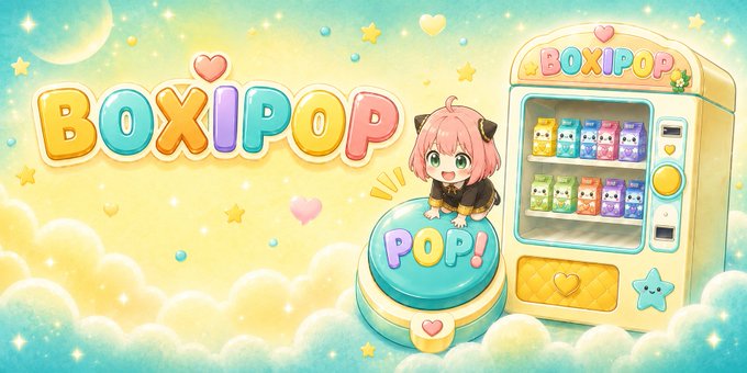 A colorful animated banner for "BOXIPOP" featuring a pink-haired anime character sitting on a teal button labeled "POP!", with a vending machine dispensing cute box characters against a starry sky background.