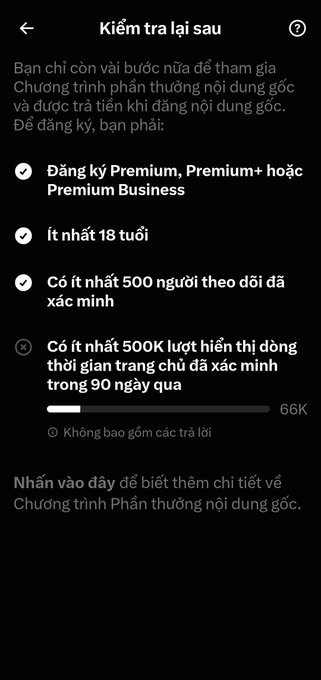 A Vietnamese-language screenshot displaying account eligibility requirements for a creator rewards program, including being 18+, having a Premium subscription, and follower thresholds.