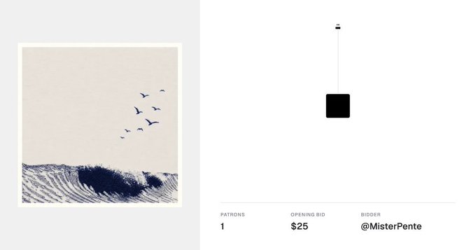 An NFT auction page showing a minimalist black-and-white wave photograph with birds on the left and a hanging black square on the right, with 1 patron and an opening bid of $25 from @MisterPente.