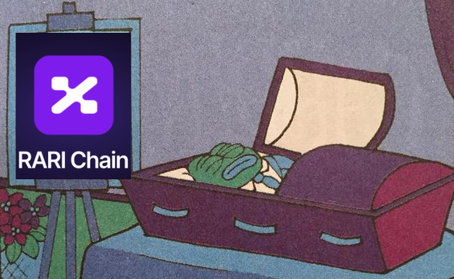 The image features a purple box with "Rari Chain" written on it, along with an illustration of a chest filled with items such as a green frog and a pair of gloves. The text in the image reads "Tough news to start the weekend: Rari chain just announced its official shutdown if you have any assets left there, make sure to withdraw them before june 14 at 11:59 pm utc. don' sleep on this. we've seen several crypto projects shutting down over the past year". The chest in the image is open and filled with items, suggesting that someone has recently acquired these items or is preparing to sell them.