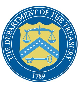 The official seal of the U.S. Department of the Treasury, established in 1789, featuring scales of justice, a chevron with stars, and a key on a yellow shield. The image directly relates to the post, which highlights the Treasury's massive $1 trillion bond buyback funding alongside record U.S. national debt levels—a contrast that the post uses to advocate for Bitcoin as an alternative store of value.