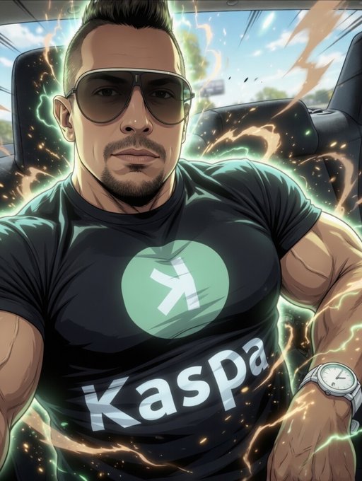 An illustrated muscular man wearing sunglasses and a black 'Kaspa' t-shirt sitting in a car surrounded by electric sparks and energy effects.